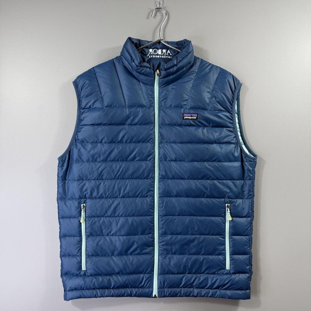 Patagonia Puffer Vest Mens Medium Blue Quilted Full Zip Insulated embroidered